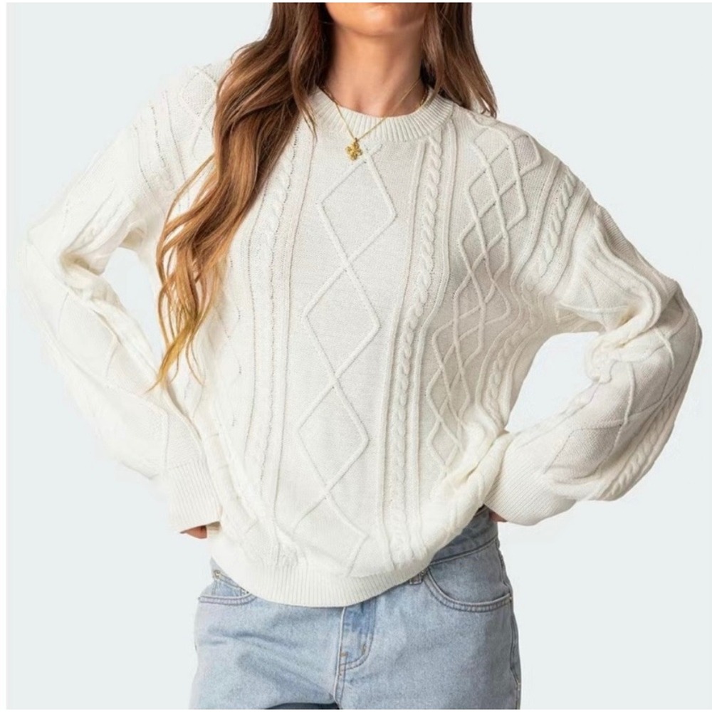 Edikted Cable Knit White Crewneck Sweater Boxy Fit Cotton Womens Small